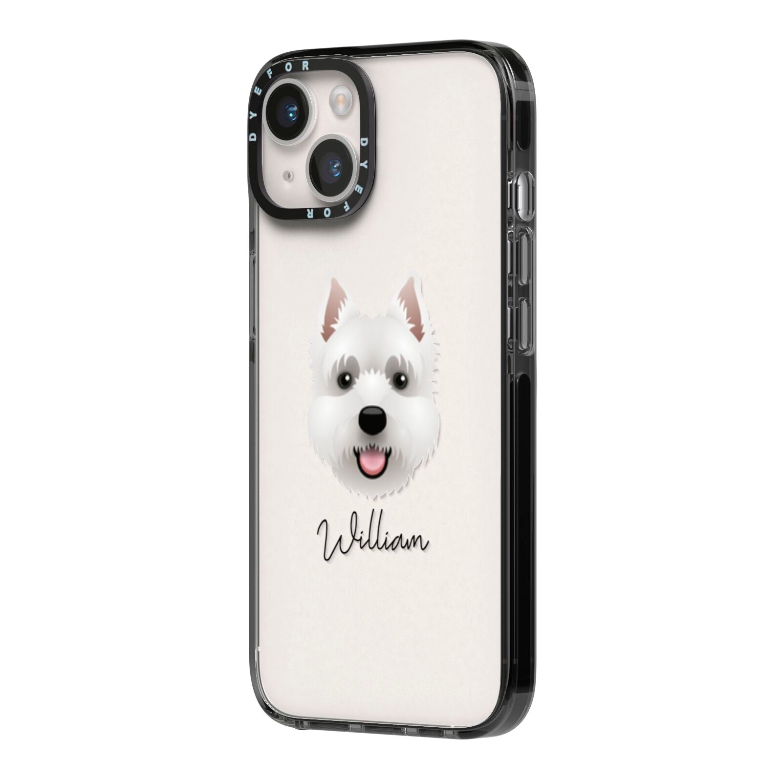 West Highland White Terrier Personalised iPhone 14 Black Impact Case Side Angle on Silver phone
