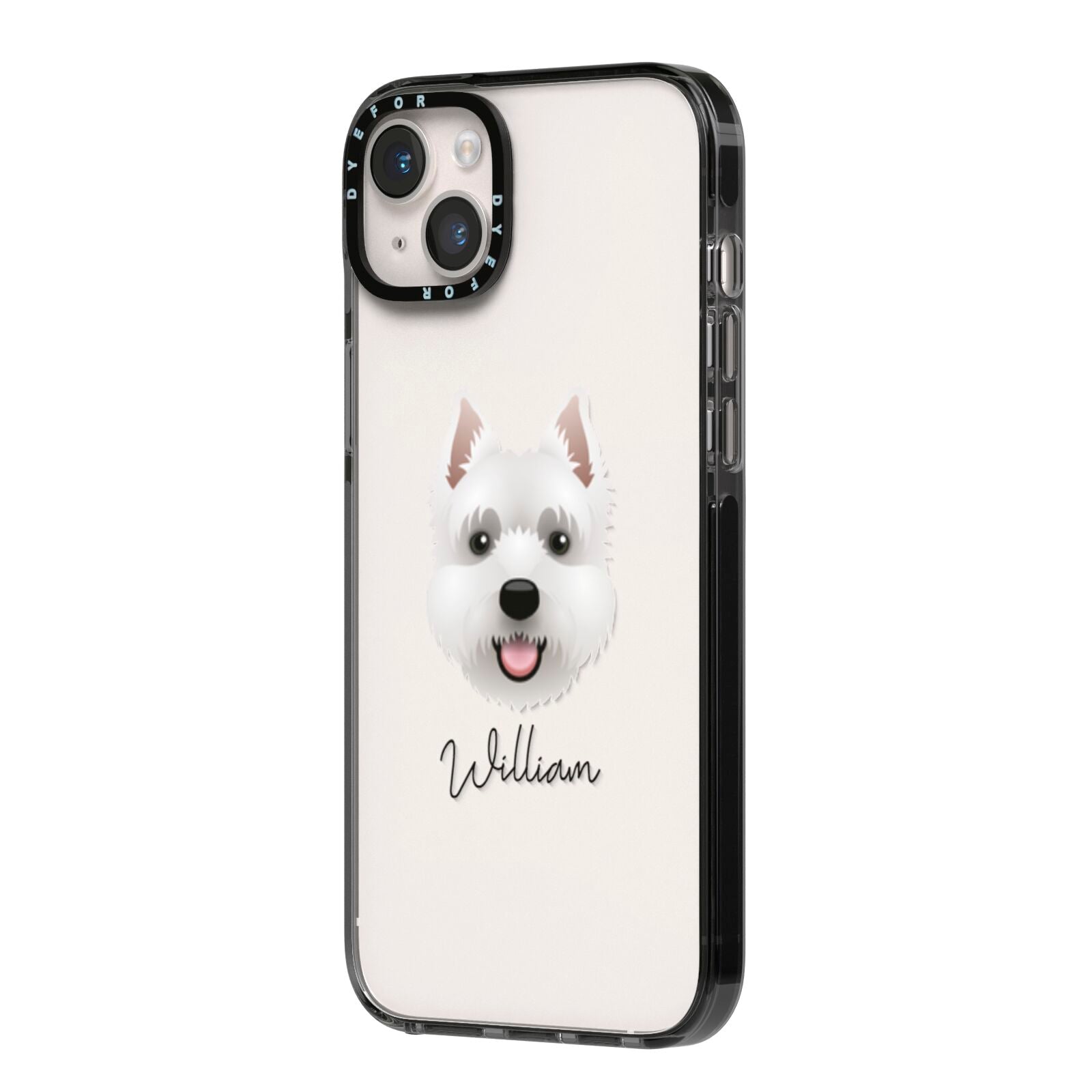 West Highland White Terrier Personalised iPhone 14 Plus Black Impact Case Side Angle on Silver phone