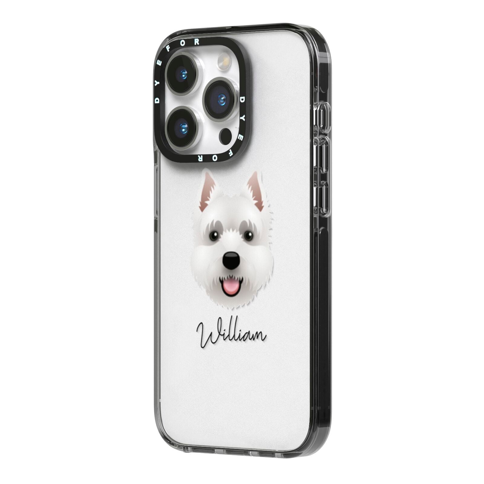 West Highland White Terrier Personalised iPhone 14 Pro Black Impact Case Side Angle on Silver phone
