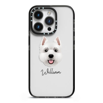 West Highland White Terrier Personalised iPhone 14 Pro Black Impact Case on Silver phone