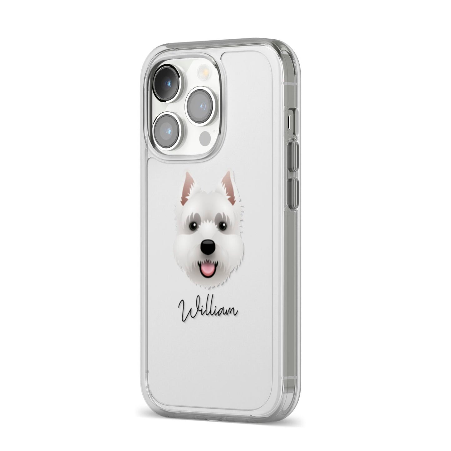 West Highland White Terrier Personalised iPhone 14 Pro Clear Tough Case Silver Angled Image