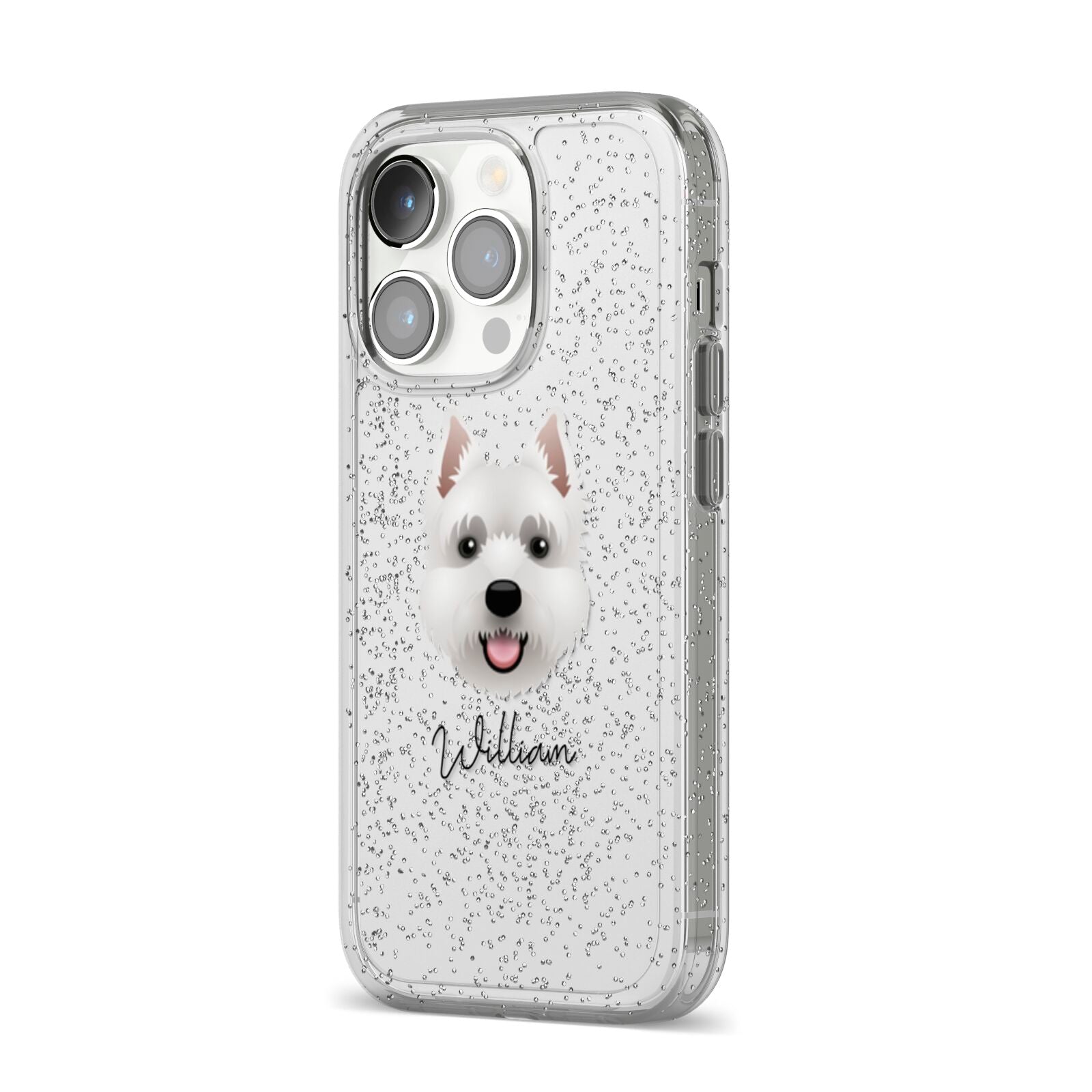 West Highland White Terrier Personalised iPhone 14 Pro Glitter Tough Case Silver Angled Image