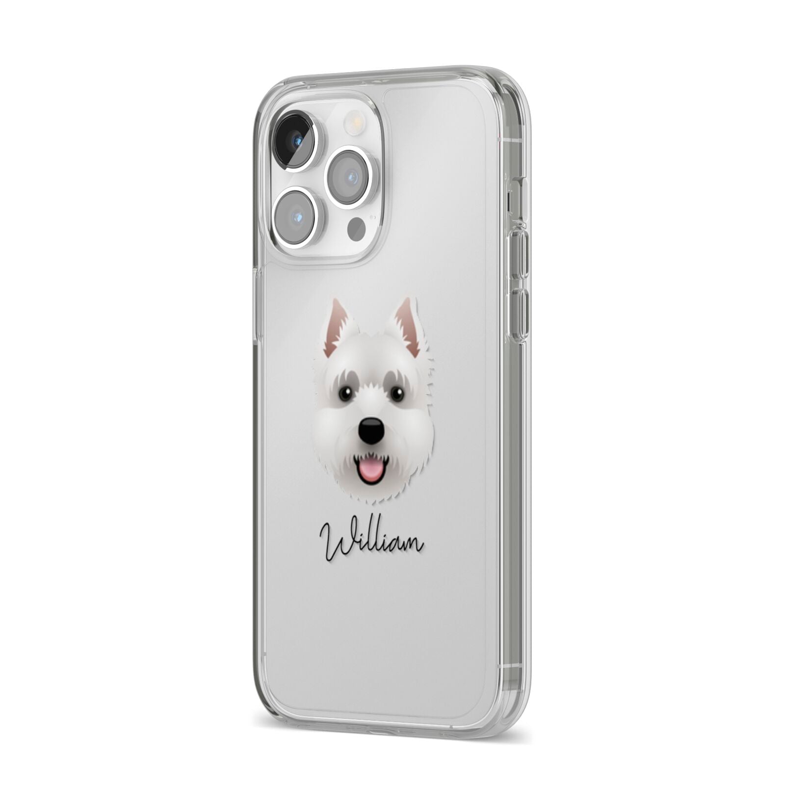 West Highland White Terrier Personalised iPhone 14 Pro Max Clear Tough Case Silver Angled Image