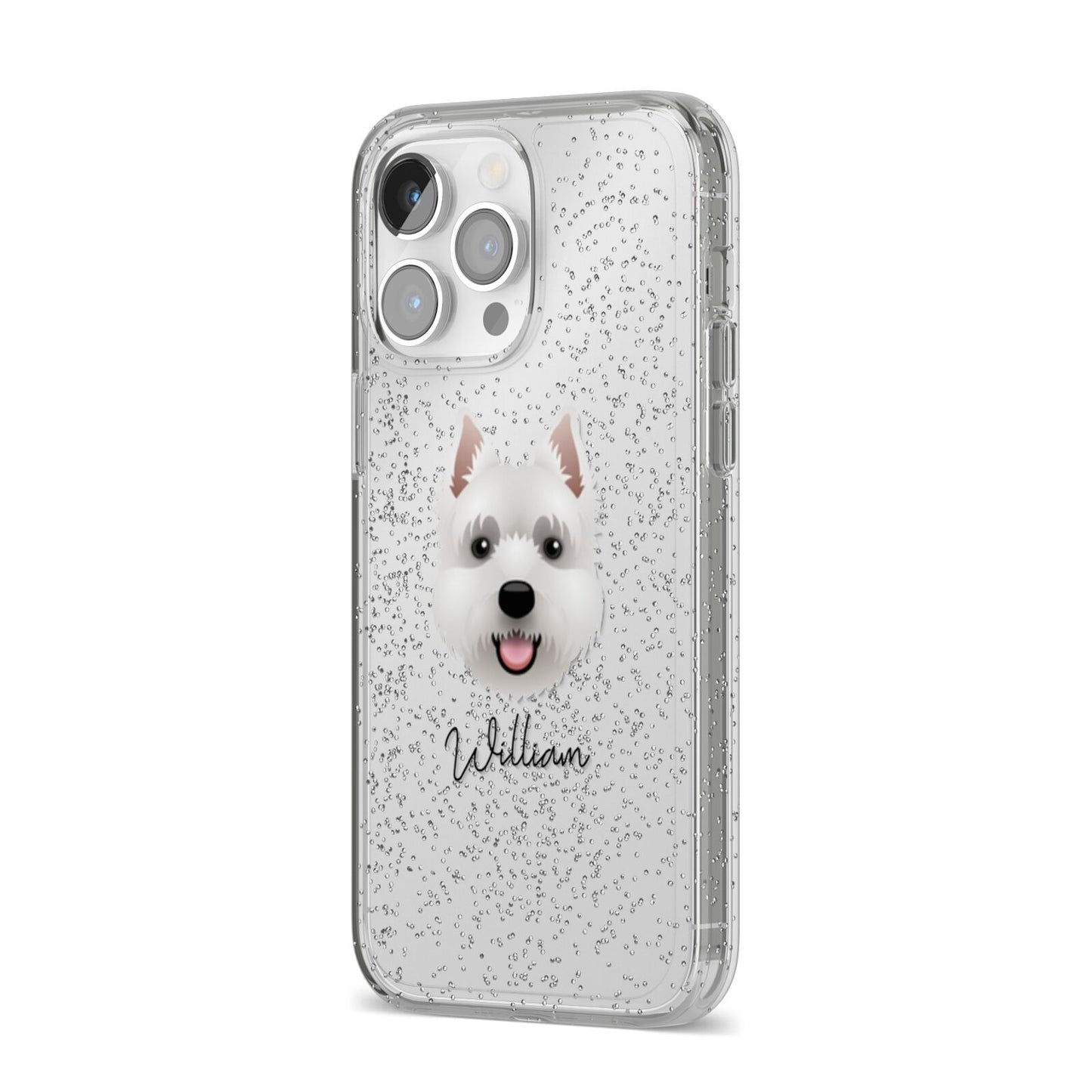 West Highland White Terrier Personalised iPhone 14 Pro Max Glitter Tough Case Silver Angled Image