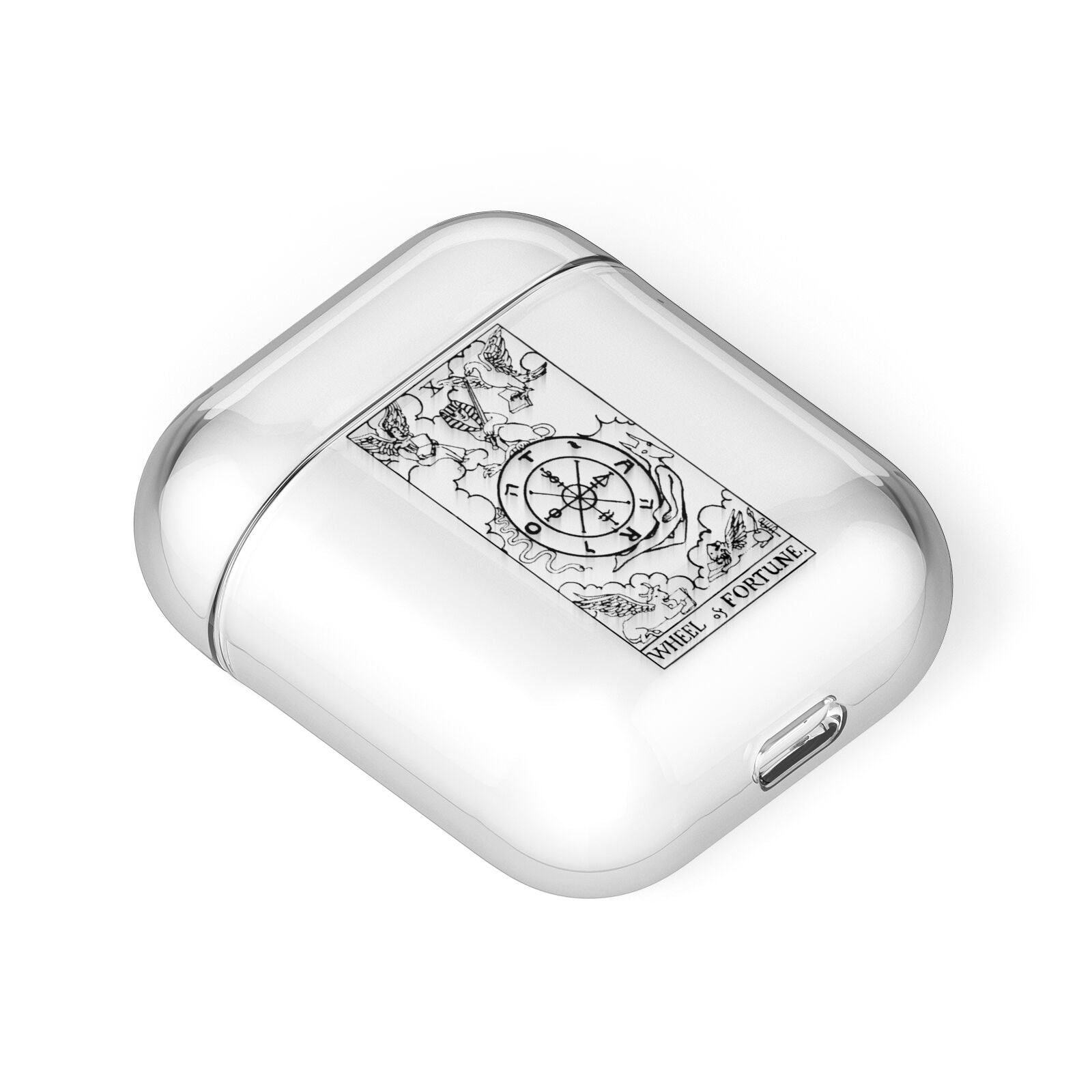 Wheel of Fortune Monochrome Tarot Card AirPods Case Laid Flat