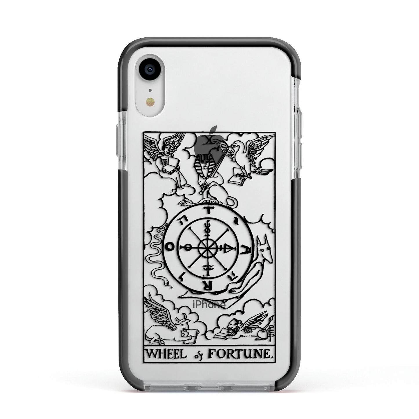 Wheel of Fortune Monochrome Tarot Card Apple iPhone XR Impact Case Black Edge on Silver Phone