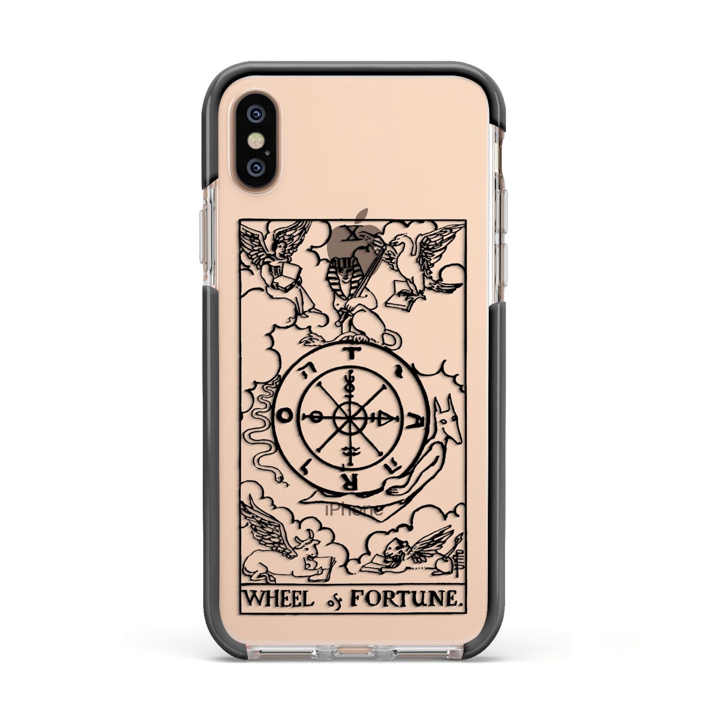 Wheel of Fortune Monochrome Tarot Card Apple iPhone Xs Impact Case Black Edge on Gold Phone