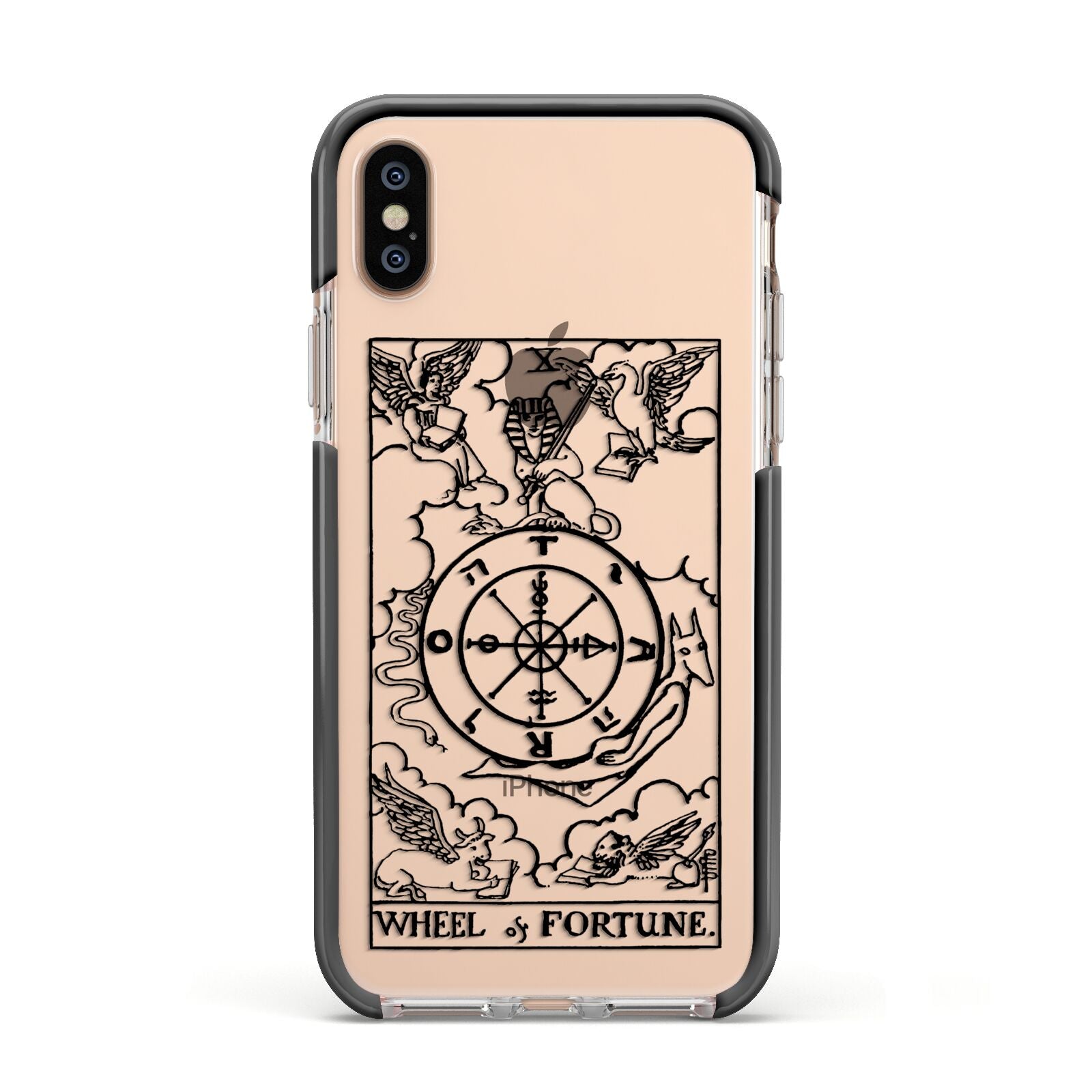 Wheel of Fortune Monochrome Tarot Card Apple iPhone Xs Impact Case Black Edge on Gold Phone