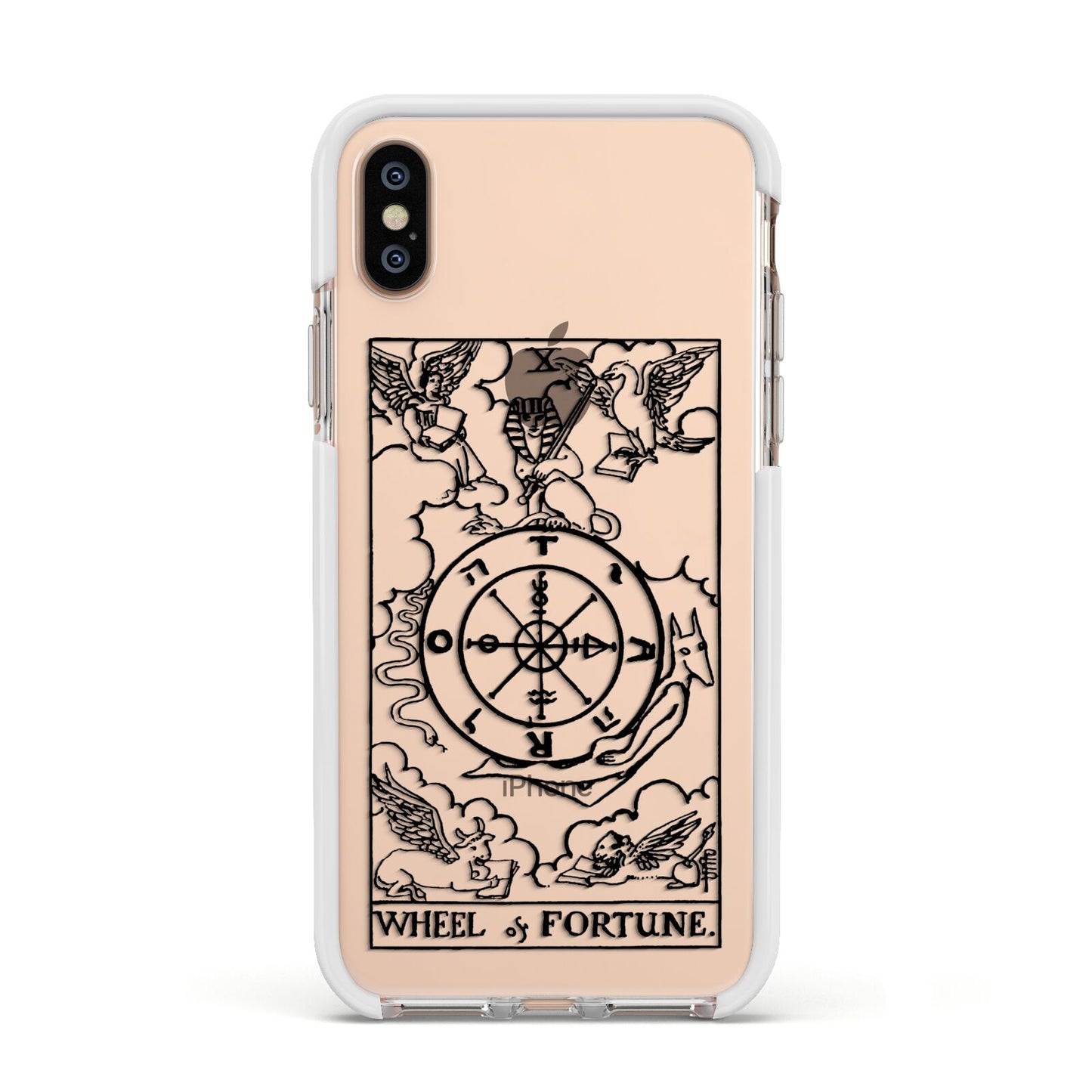 Wheel of Fortune Monochrome Tarot Card Apple iPhone Xs Impact Case White Edge on Gold Phone