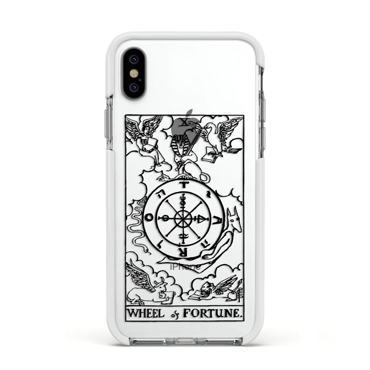 Wheel of Fortune Monochrome Tarot Card Apple iPhone Xs Impact Case White Edge on Silver Phone