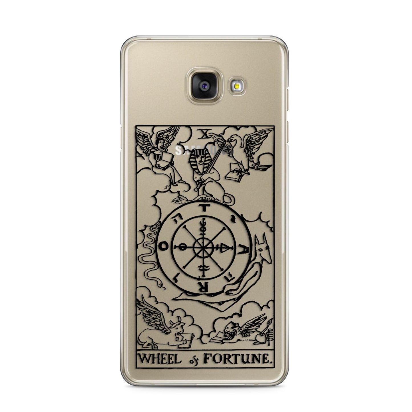 Wheel of Fortune Monochrome Tarot Card Samsung Galaxy A3 2016 Case on gold phone