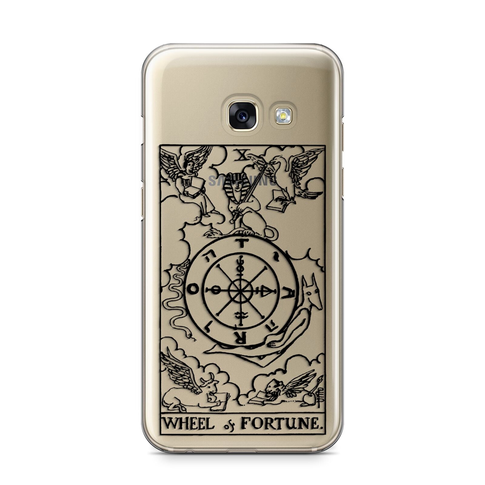 Wheel of Fortune Monochrome Tarot Card Samsung Galaxy A3 2017 Case on gold phone