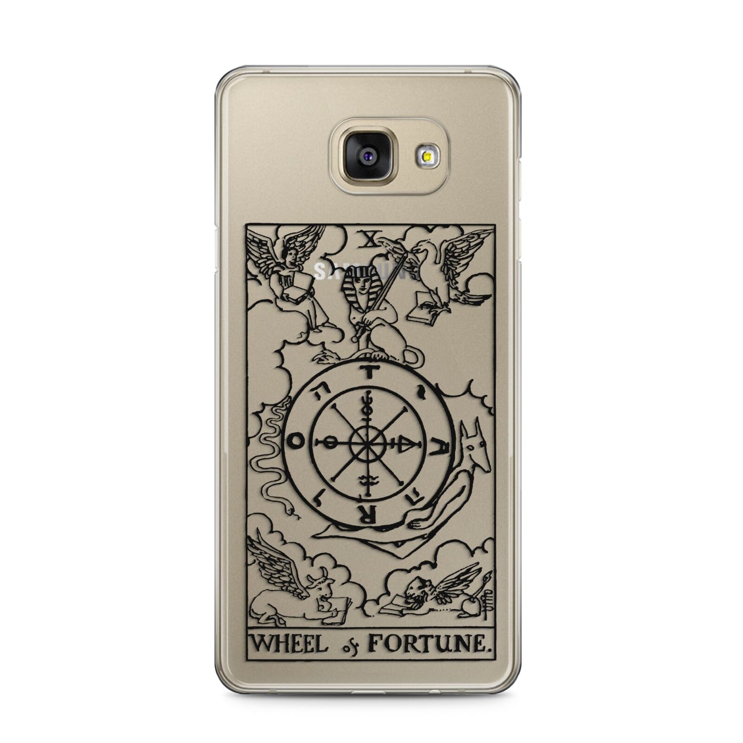 Wheel of Fortune Monochrome Tarot Card Samsung Galaxy A5 2016 Case on gold phone