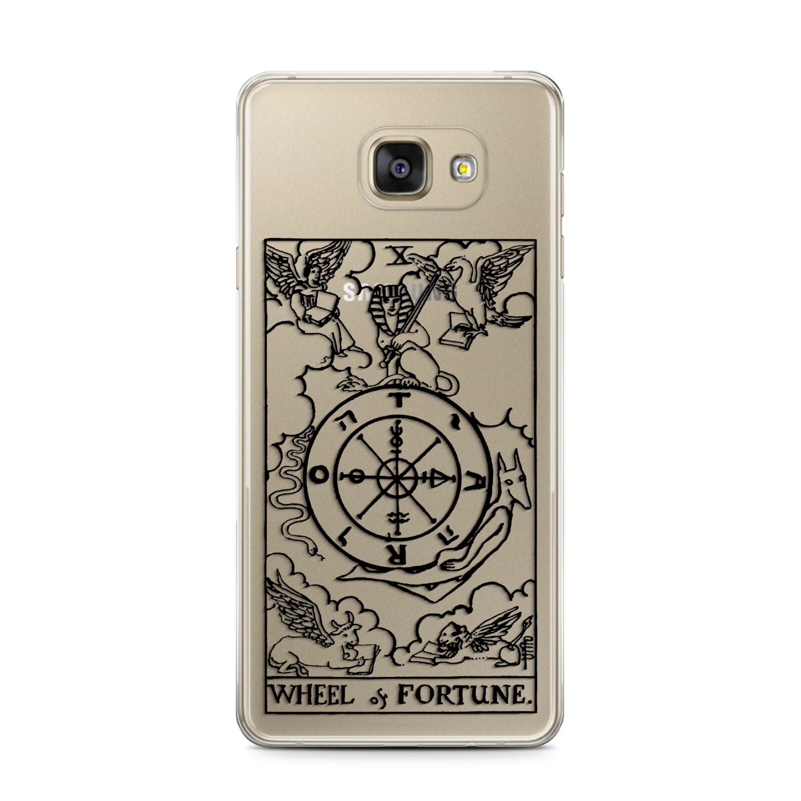 Wheel of Fortune Monochrome Tarot Card Samsung Galaxy A7 2016 Case on gold phone