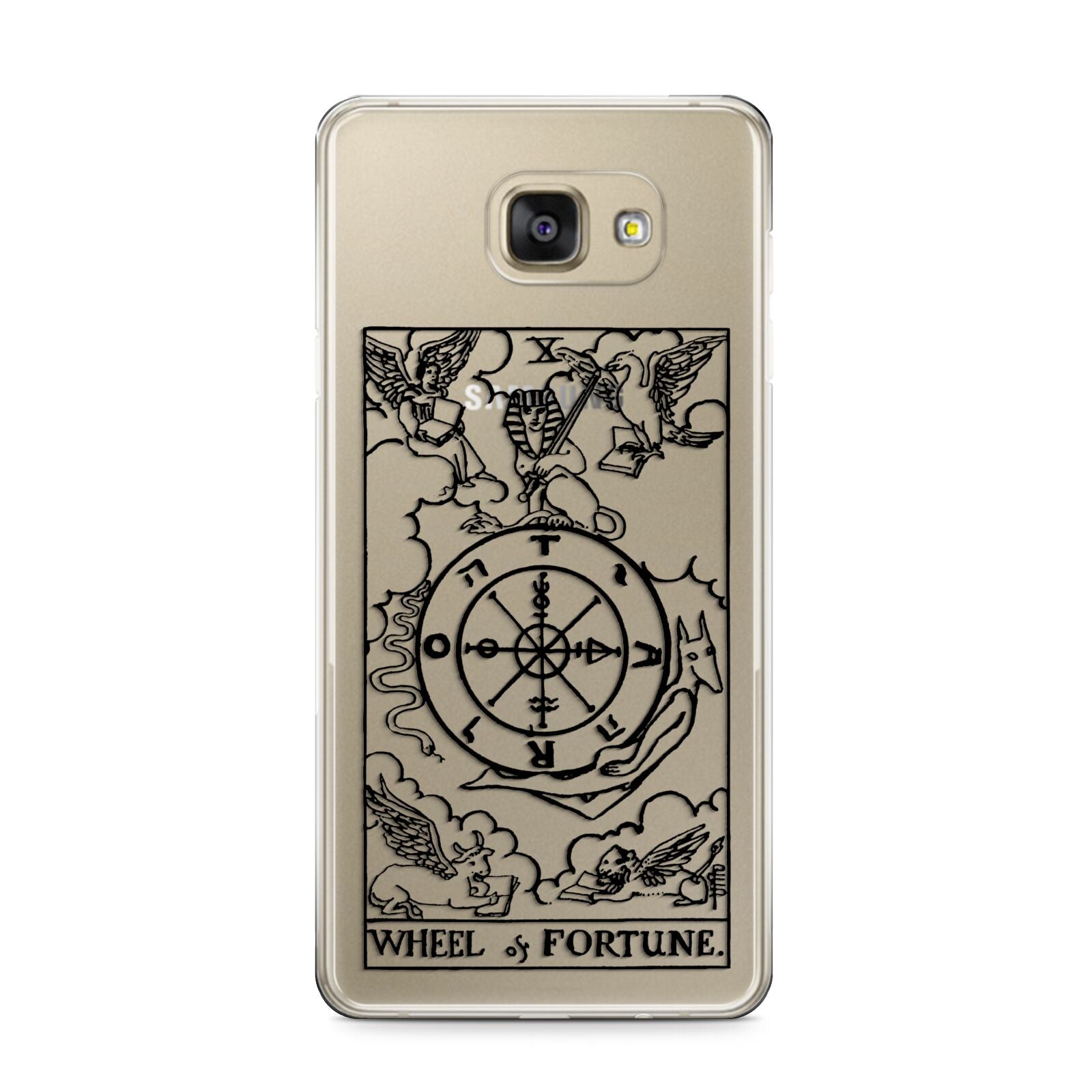 Wheel of Fortune Monochrome Tarot Card Samsung Galaxy A9 2016 Case on gold phone