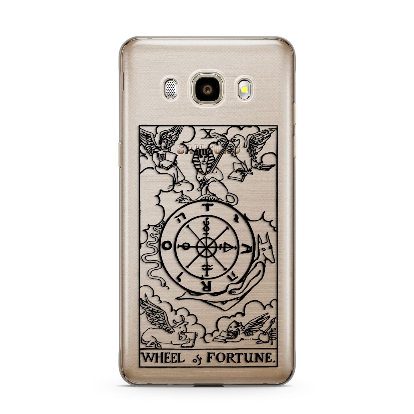 Wheel of Fortune Monochrome Tarot Card Samsung Galaxy J7 2016 Case on gold phone