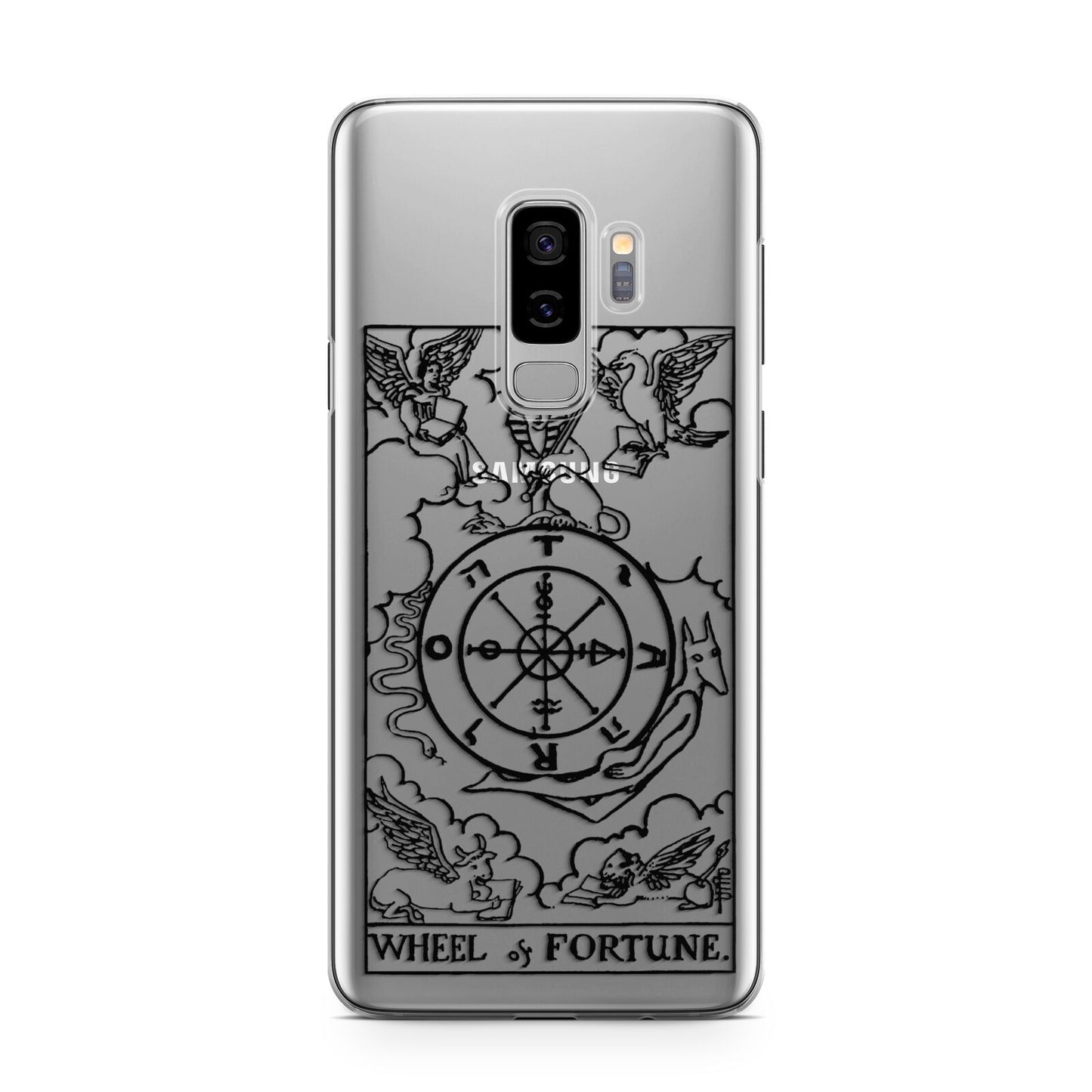 Wheel of Fortune Monochrome Tarot Card Samsung Galaxy S9 Plus Case on Silver phone