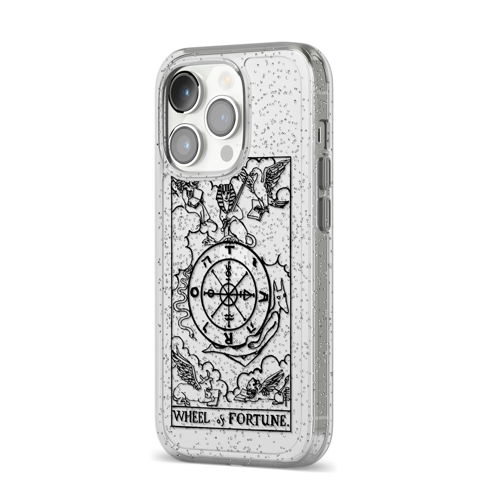 Wheel of Fortune Monochrome Tarot Card iPhone 14 Pro Glitter Tough Case Silver Angled Image