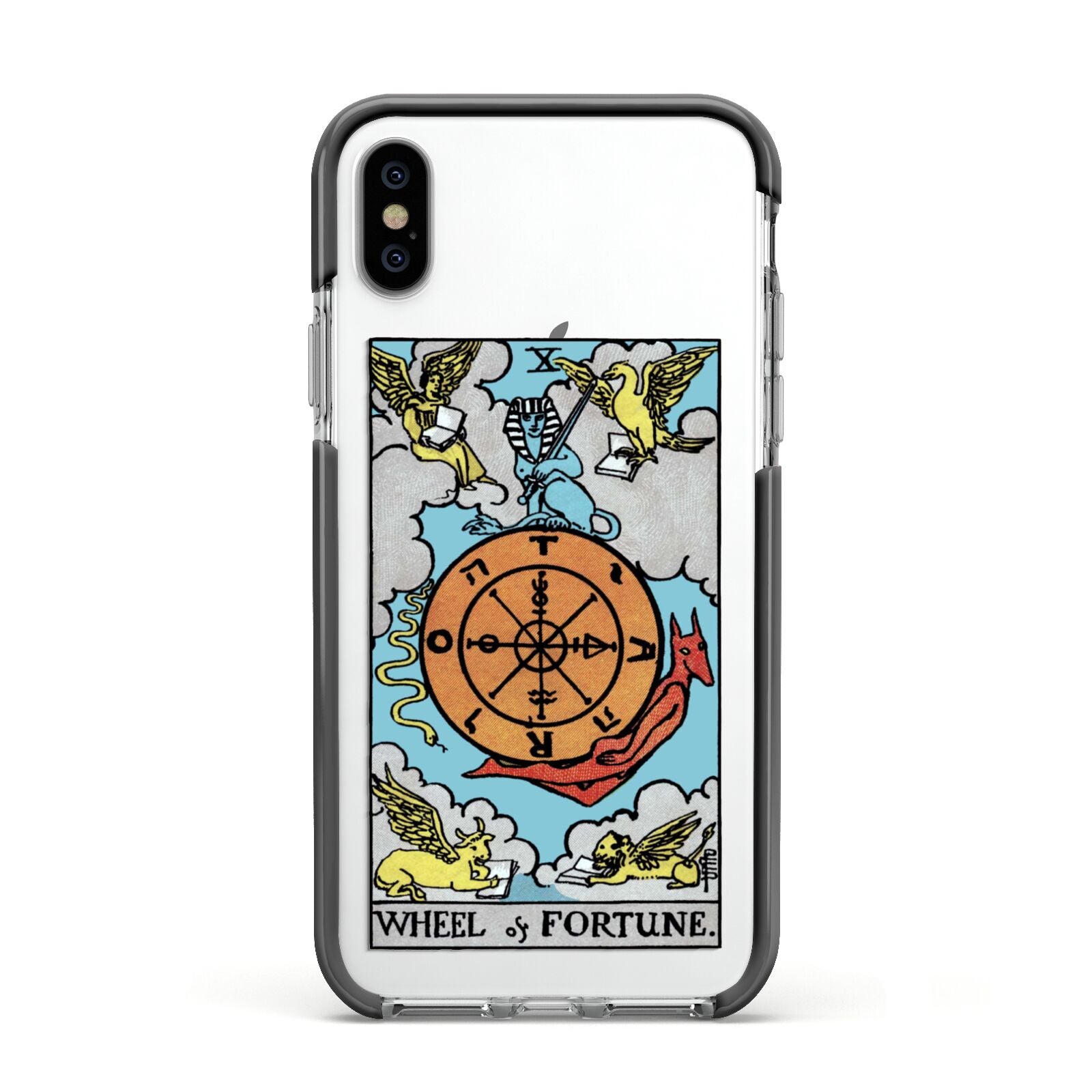 Wheel of Fortune Tarot Card Apple iPhone Xs Impact Case Black Edge on Silver Phone