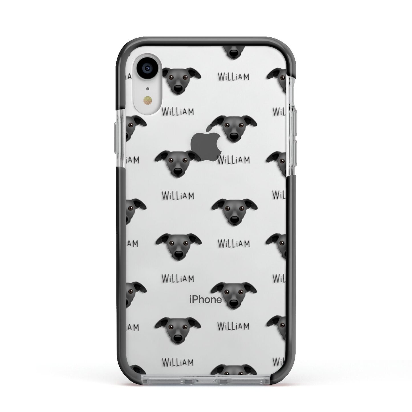 Whippet Icon with Name Apple iPhone XR Impact Case Black Edge on Silver Phone