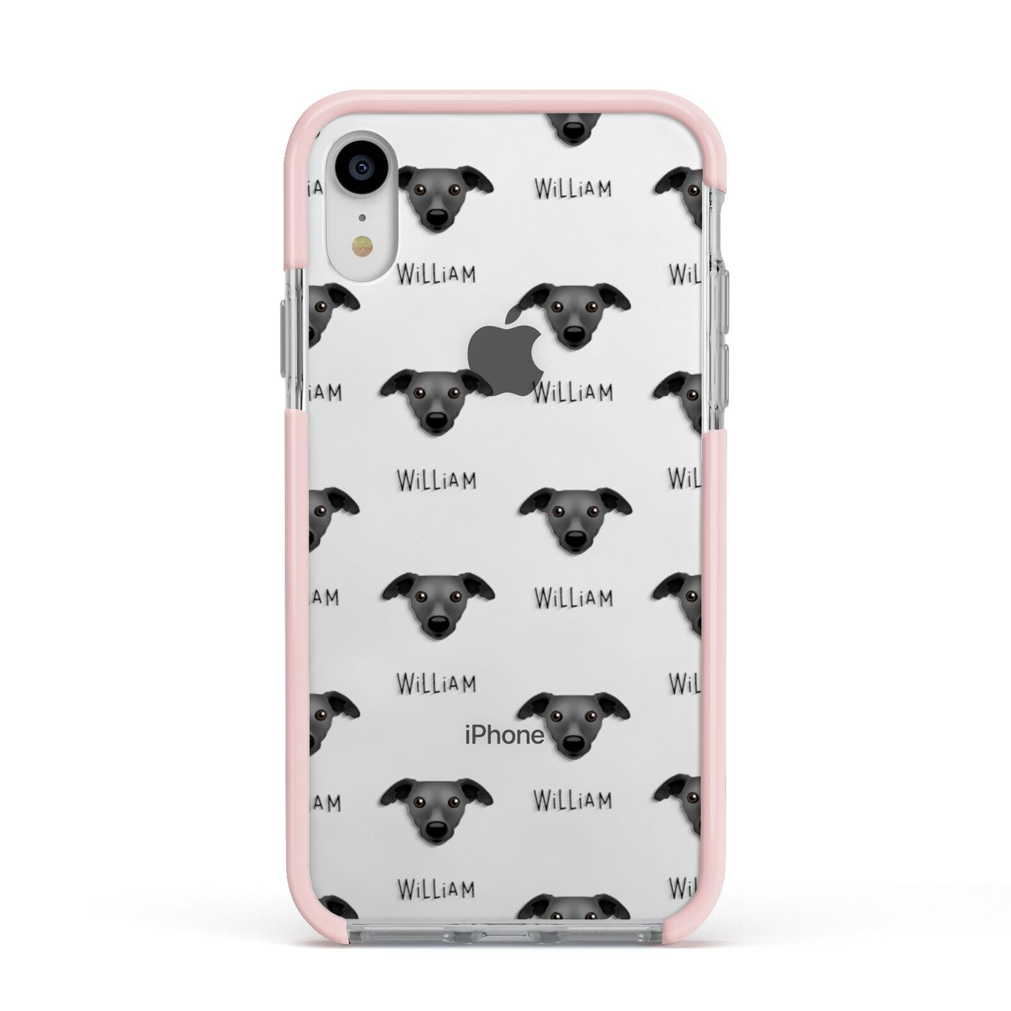Whippet Icon with Name Apple iPhone XR Impact Case Pink Edge on Silver Phone