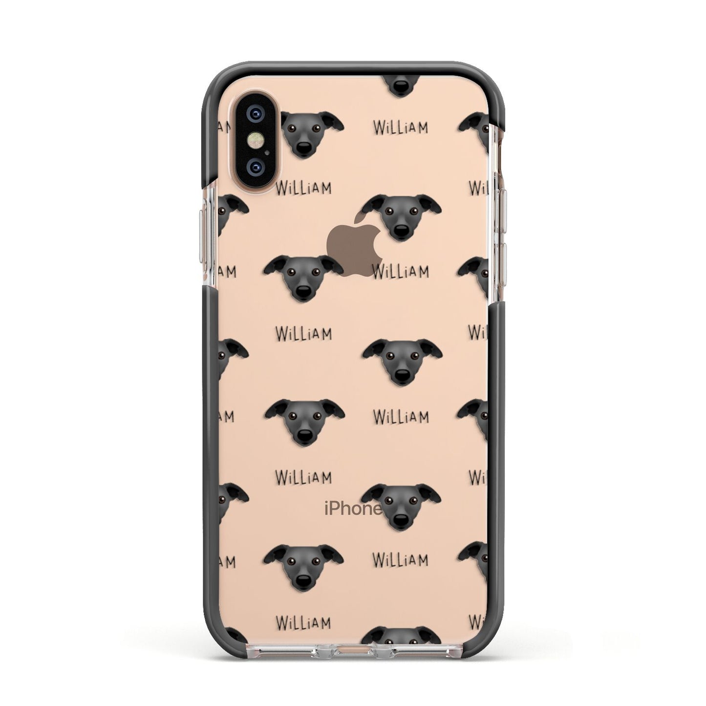 Whippet Icon with Name Apple iPhone Xs Impact Case Black Edge on Gold Phone