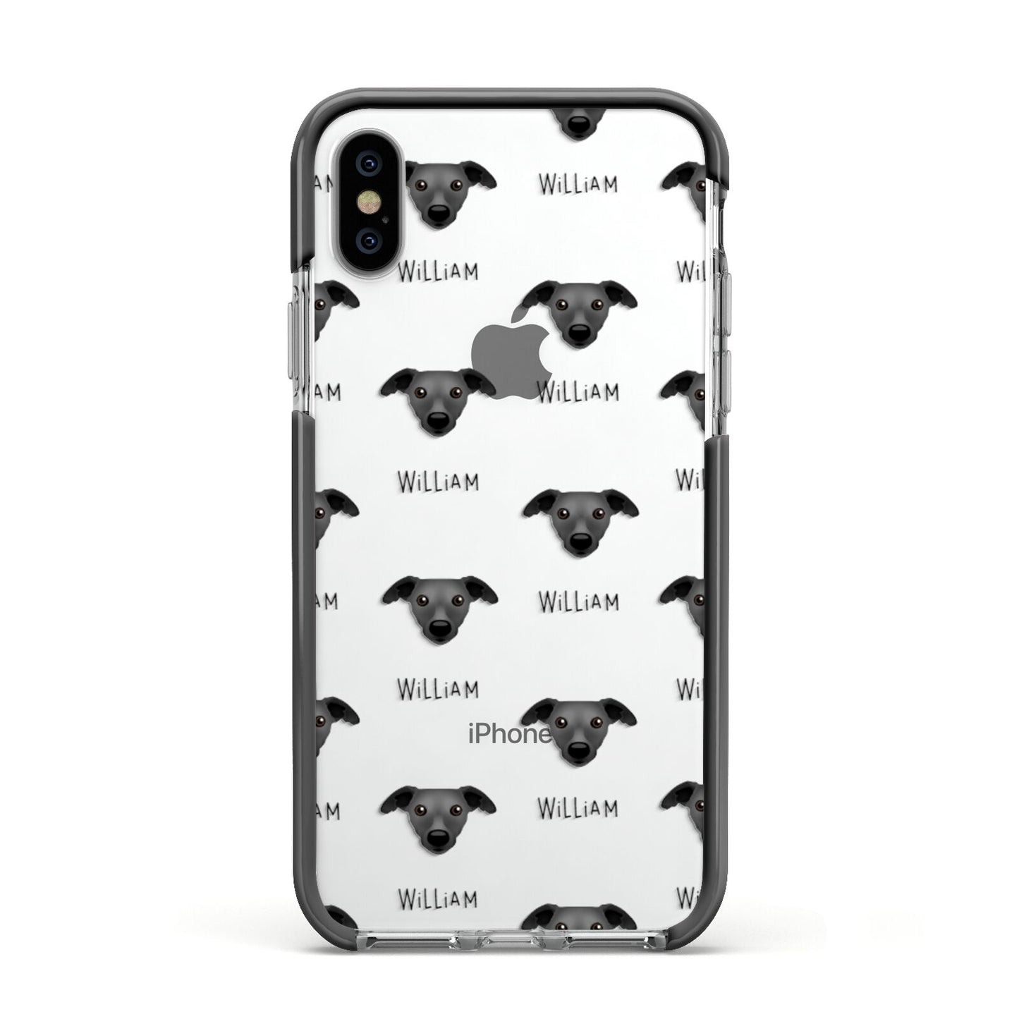Whippet Icon with Name Apple iPhone Xs Impact Case Black Edge on Silver Phone