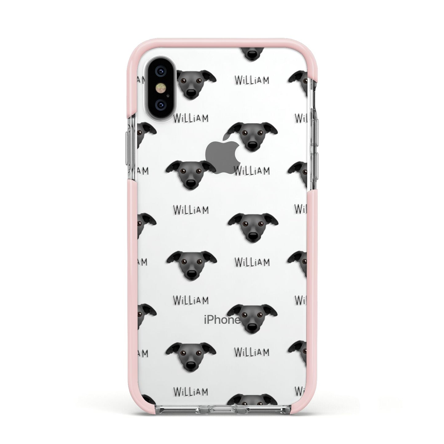Whippet Icon with Name Apple iPhone Xs Impact Case Pink Edge on Silver Phone