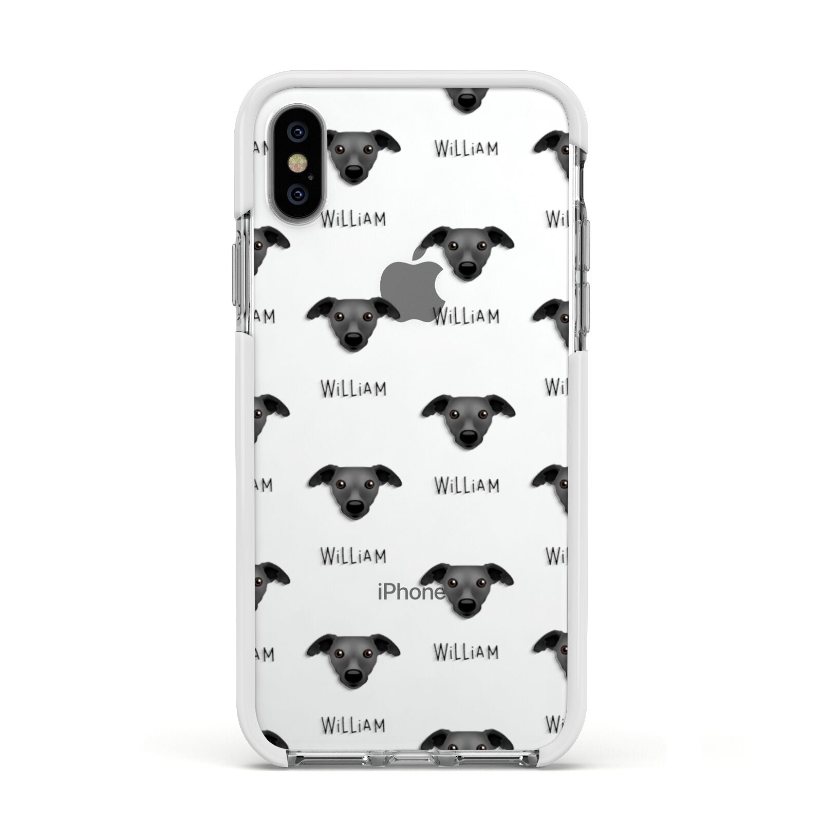 Whippet Icon with Name Apple iPhone Xs Impact Case White Edge on Silver Phone