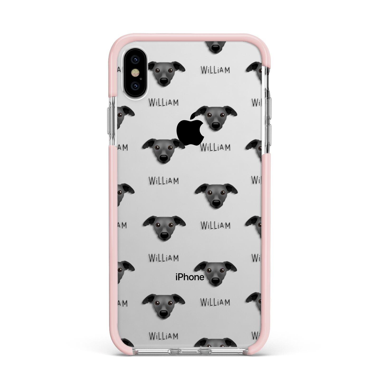 Whippet Icon with Name Apple iPhone Xs Max Impact Case Pink Edge on Silver Phone