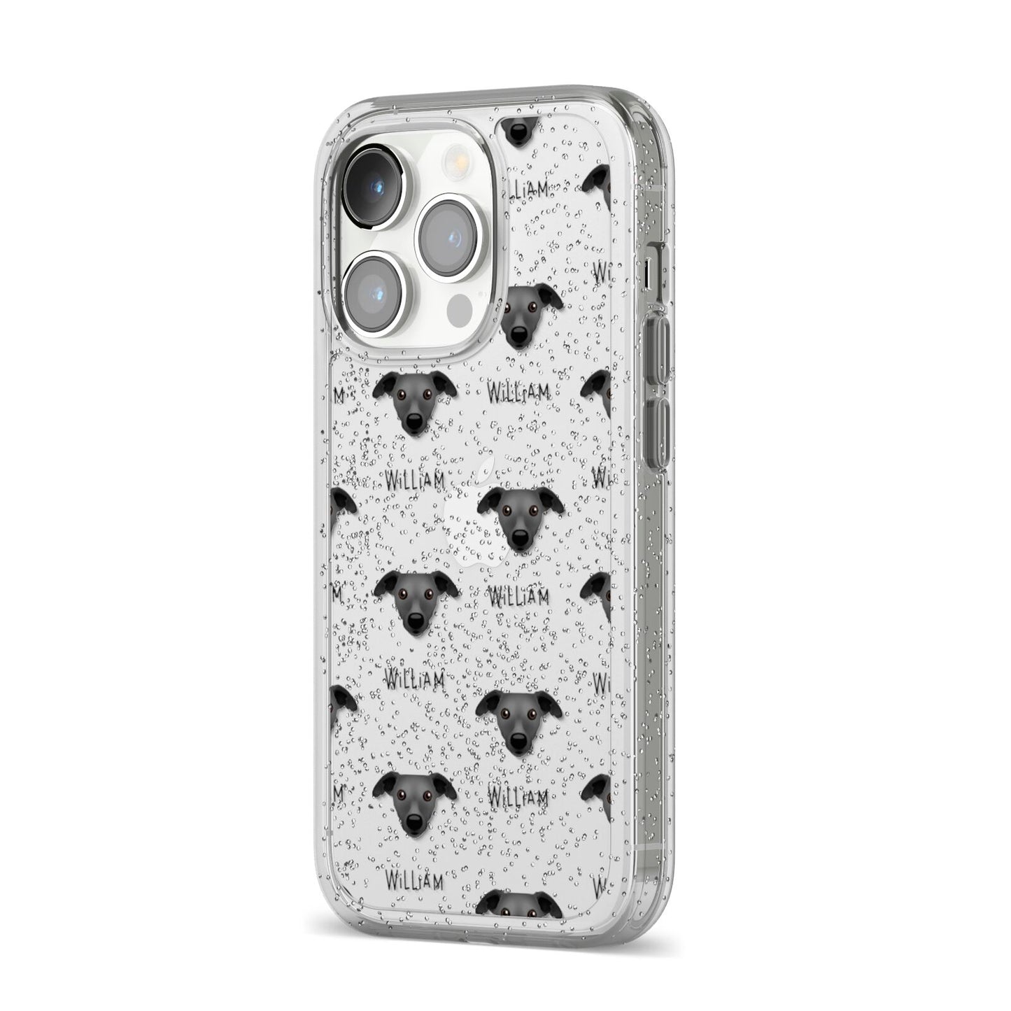Whippet Icon with Name iPhone 14 Pro Glitter Tough Case Silver Angled Image