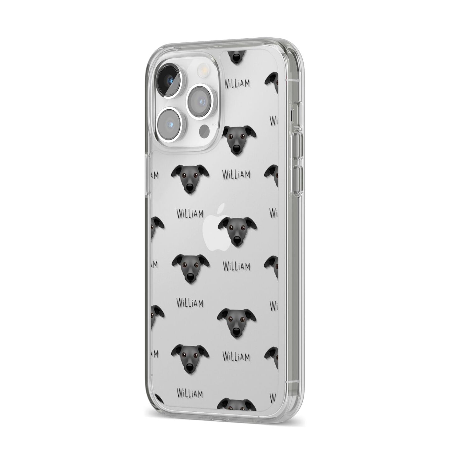 Whippet Icon with Name iPhone 14 Pro Max Clear Tough Case Silver Angled Image