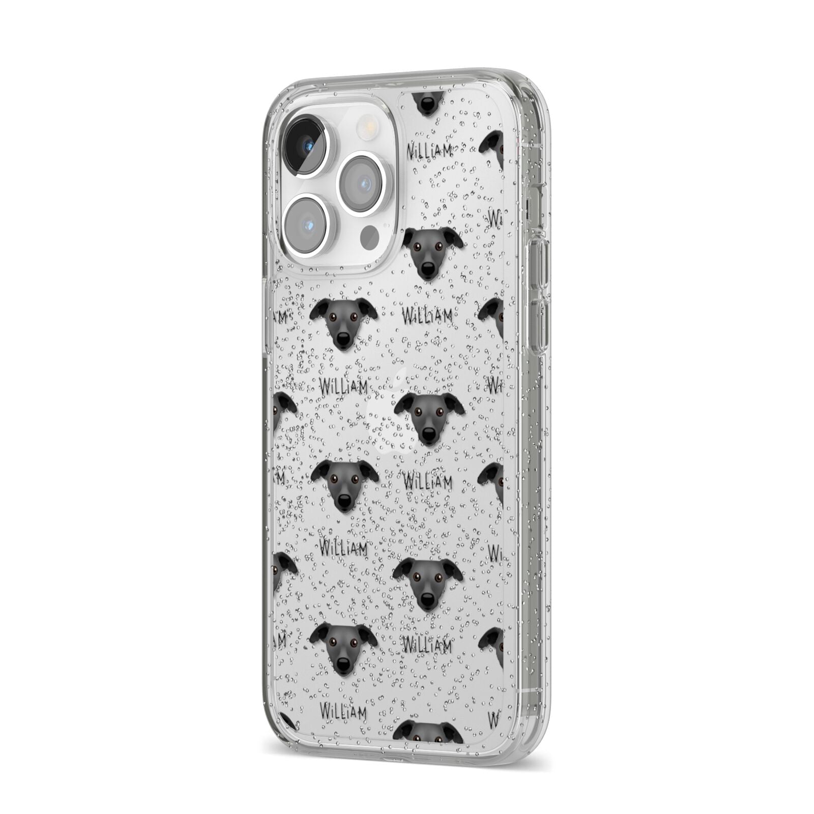 Whippet Icon with Name iPhone 14 Pro Max Glitter Tough Case Silver Angled Image