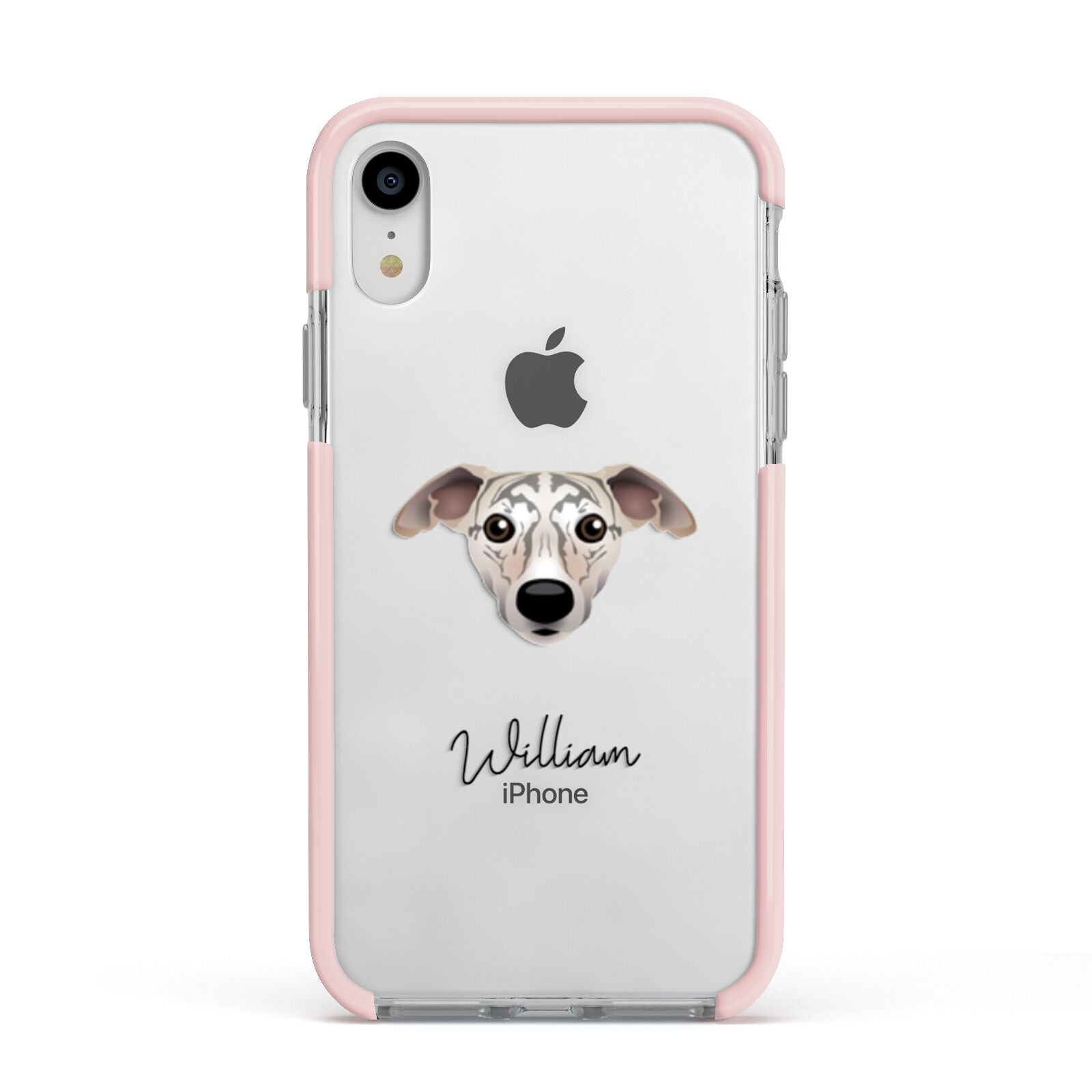 Whippet Personalised Apple iPhone XR Impact Case Pink Edge on Silver Phone