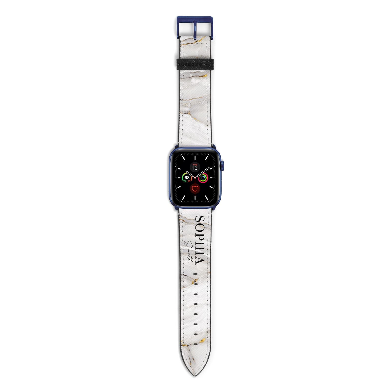 White And Gold Marble Apple Watch Strap with Blue Hardware