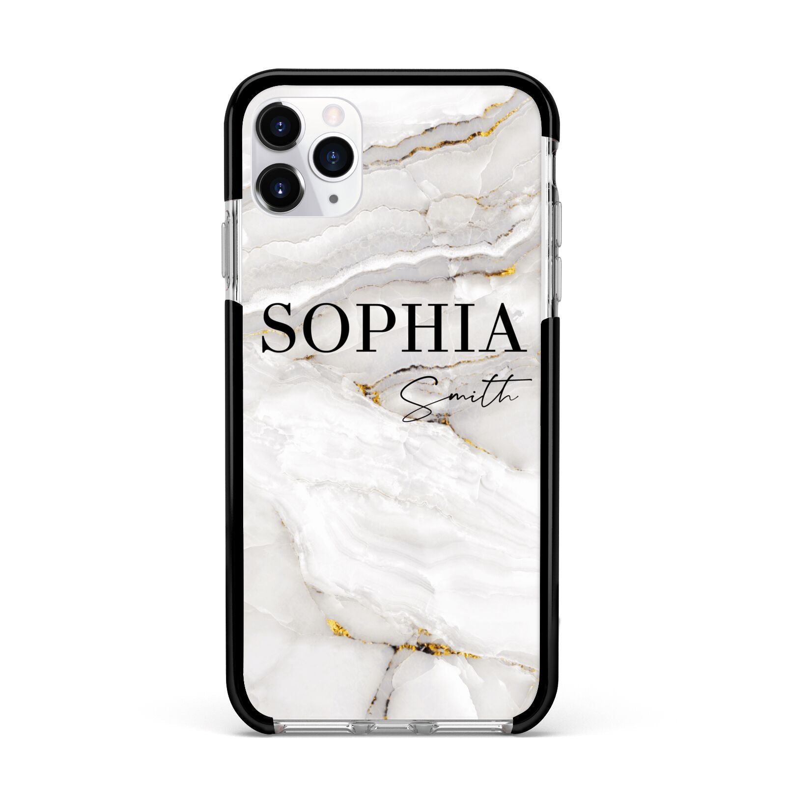 White And Gold Marble Apple iPhone 11 Pro Max in Silver with Black Impact Case
