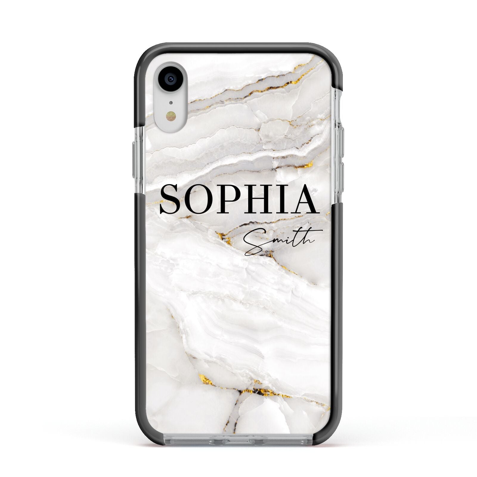 White And Gold Marble Apple iPhone XR Impact Case Black Edge on Silver Phone