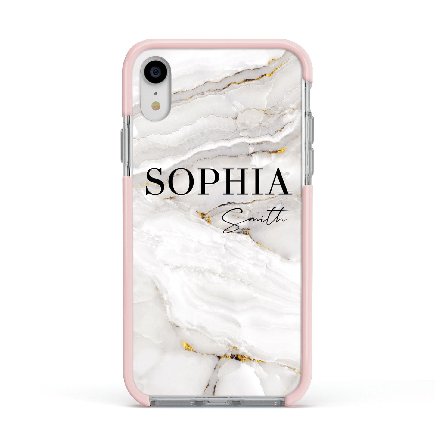 White And Gold Marble Apple iPhone XR Impact Case Pink Edge on Silver Phone