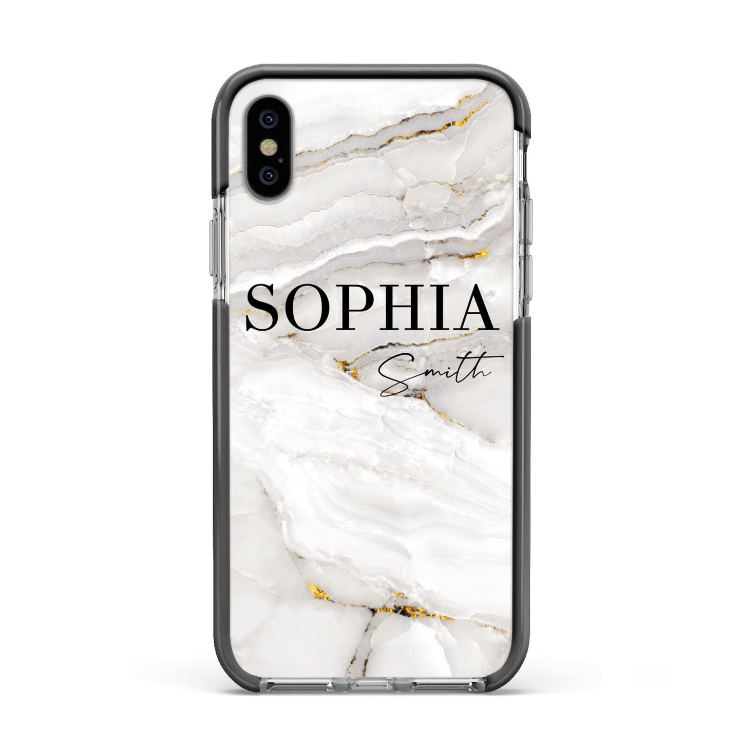 White And Gold Marble Apple iPhone Xs Impact Case Black Edge on Silver Phone