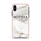 White And Gold Marble Apple iPhone Xs Impact Case Pink Edge on Black Phone