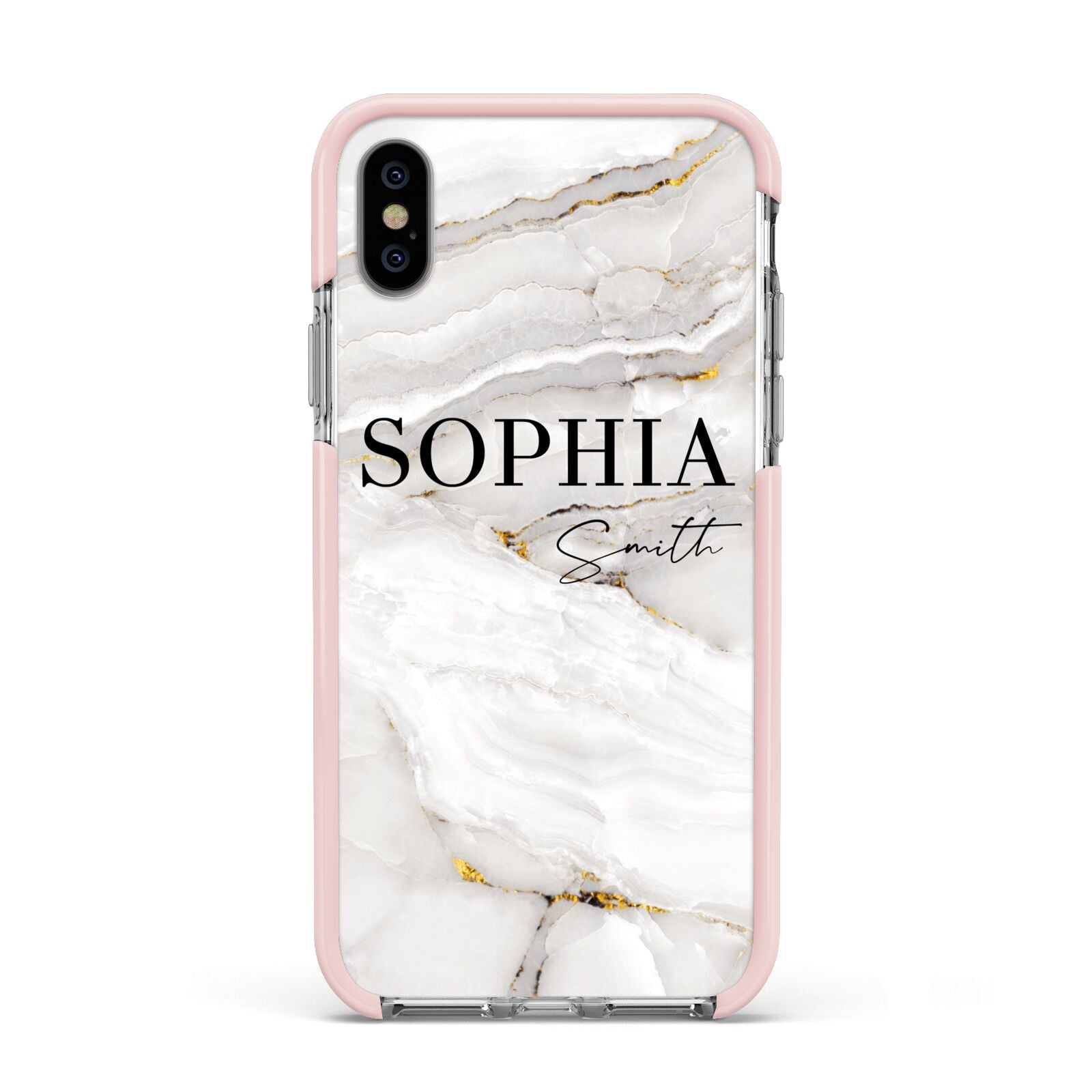 White And Gold Marble Apple iPhone Xs Impact Case Pink Edge on Silver Phone
