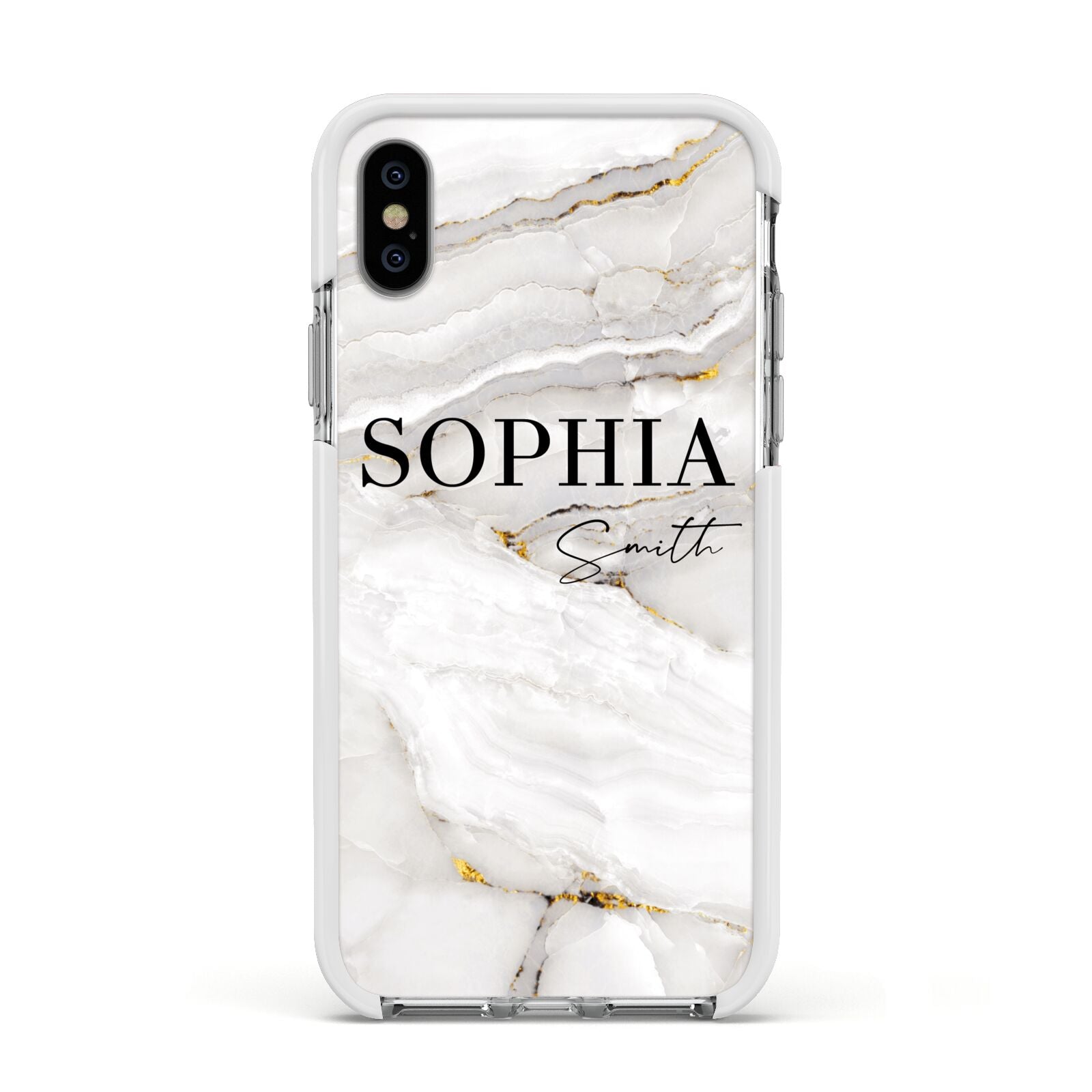 White And Gold Marble Apple iPhone Xs Impact Case White Edge on Silver Phone