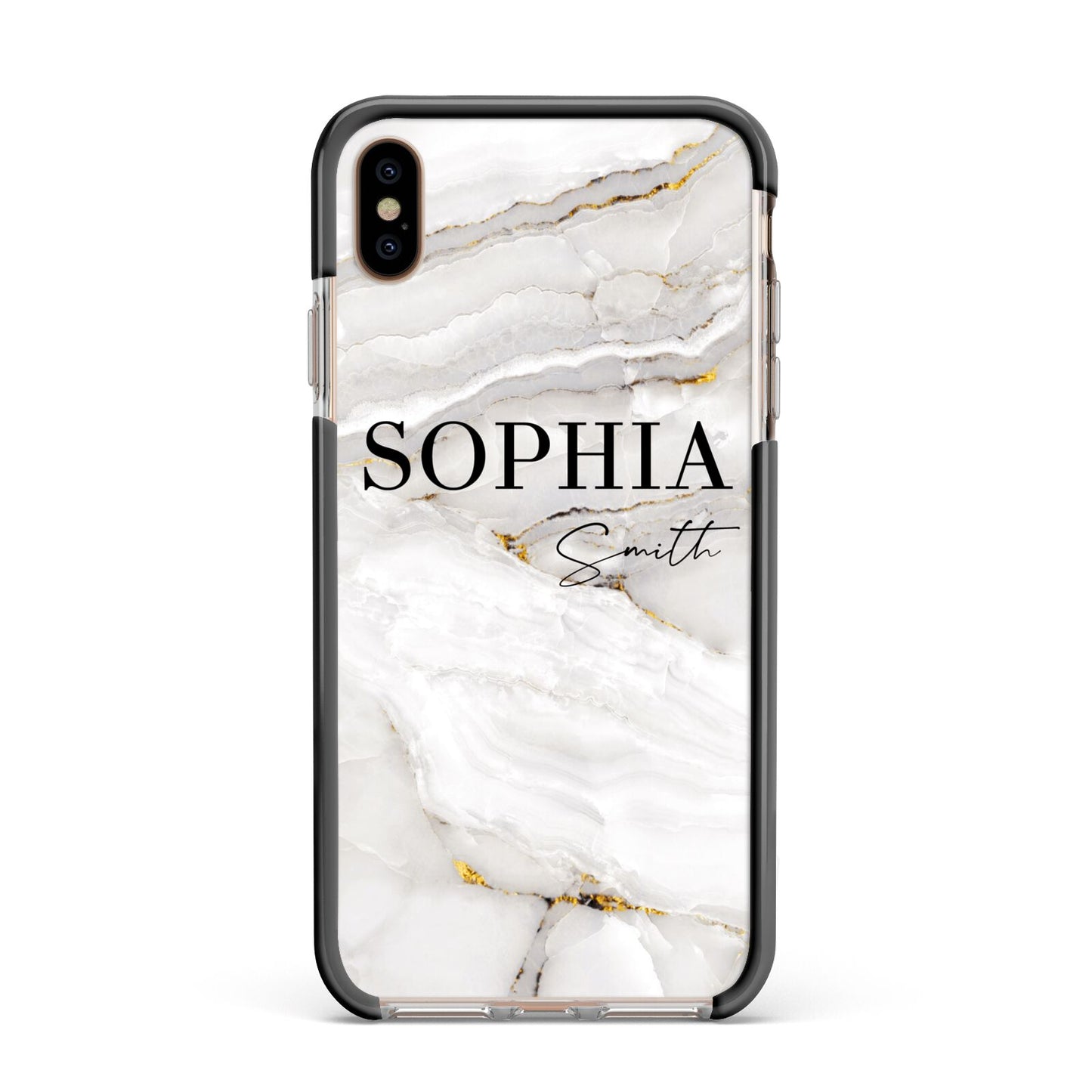 White And Gold Marble Apple iPhone Xs Max Impact Case Black Edge on Gold Phone