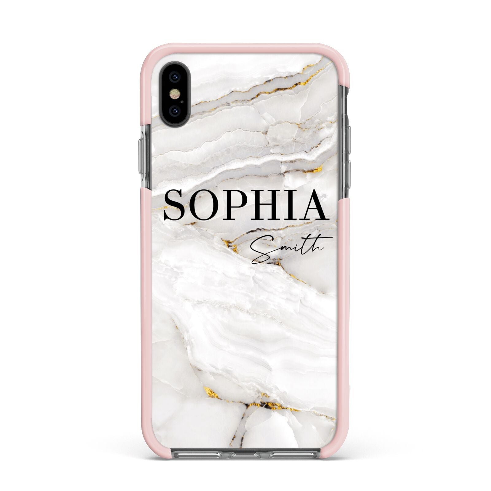 White And Gold Marble Apple iPhone Xs Max Impact Case Pink Edge on Black Phone