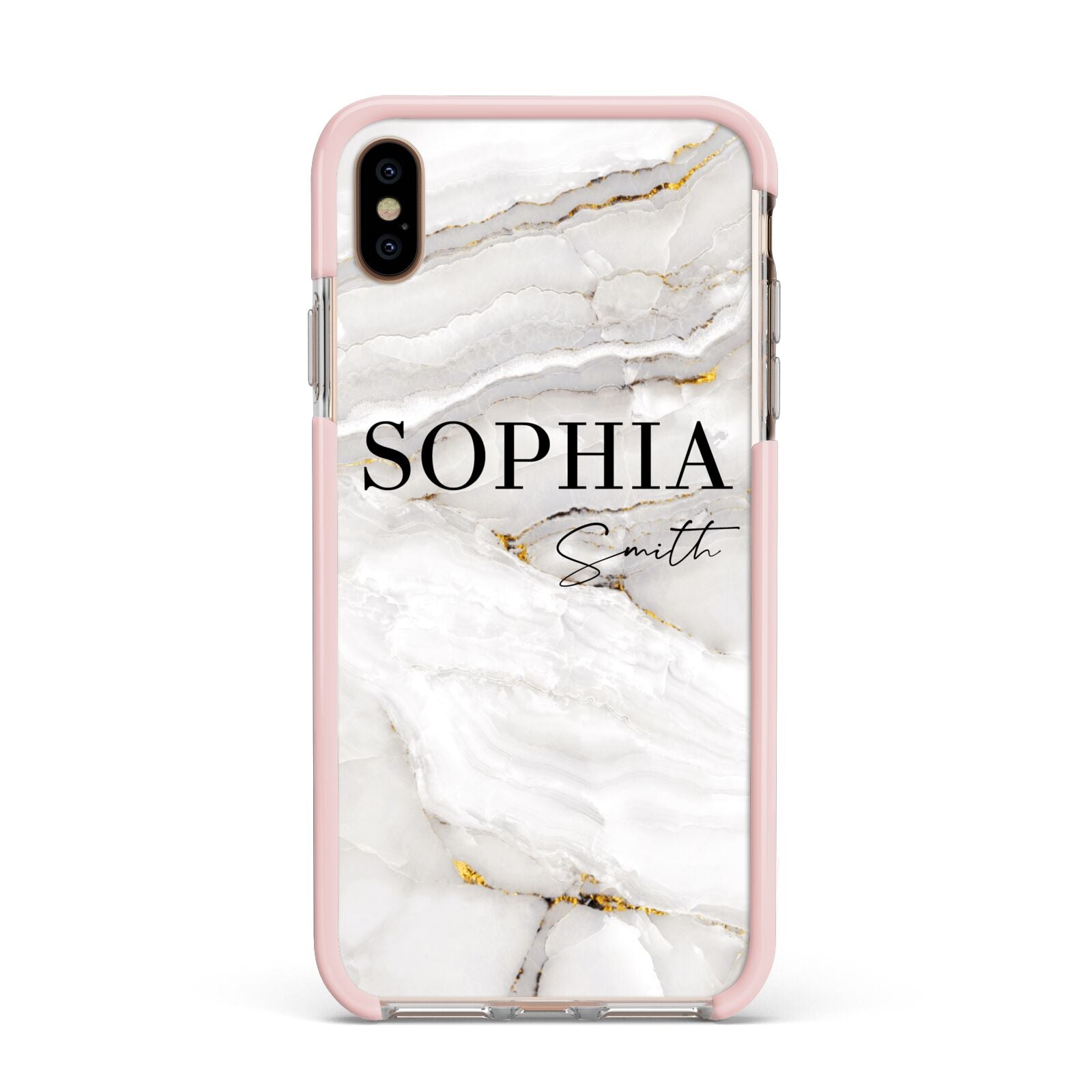 White And Gold Marble Apple iPhone Xs Max Impact Case Pink Edge on Gold Phone