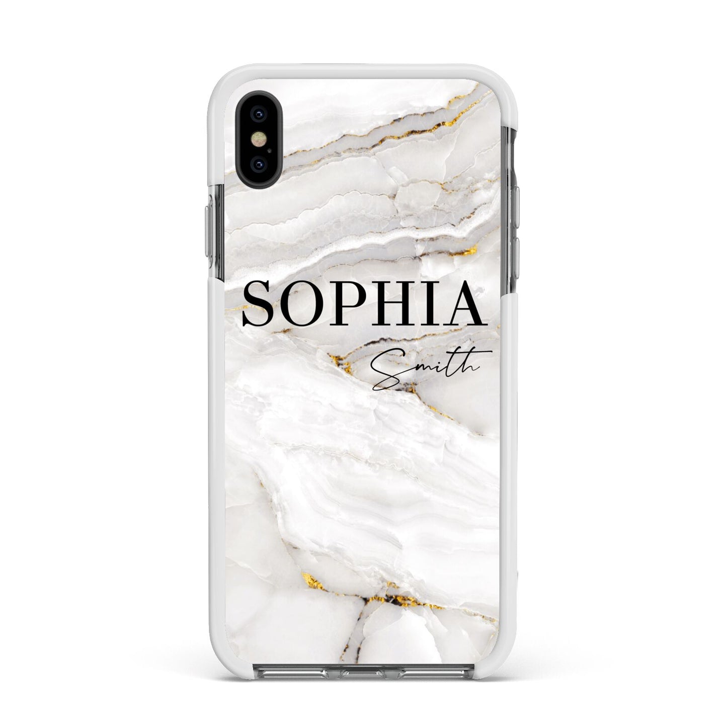White And Gold Marble Apple iPhone Xs Max Impact Case White Edge on Black Phone