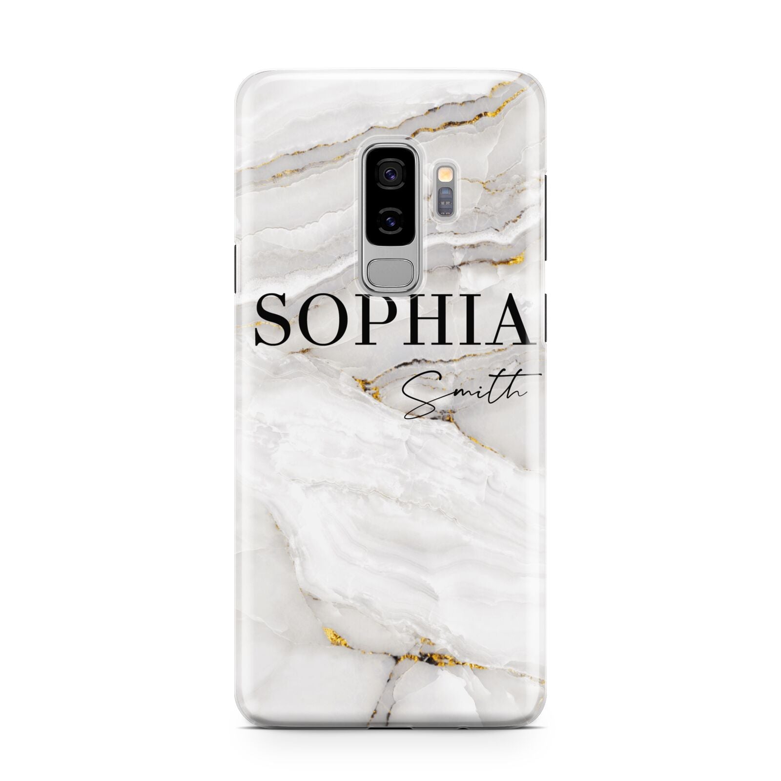 White And Gold Marble Samsung Galaxy S9 Plus Case on Silver phone