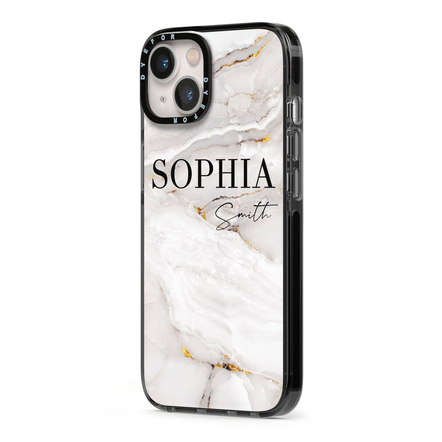 White And Gold Marble iPhone 13 Black Impact Case Side Angle on Silver phone
