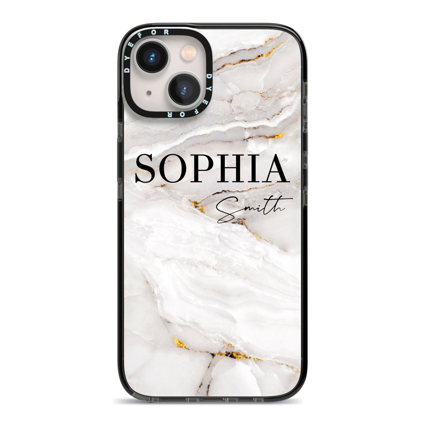 White And Gold Marble iPhone 13 Black Impact Case on Silver phone
