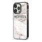 White And Gold Marble iPhone 13 Pro Black Impact Case Side Angle on Silver phone